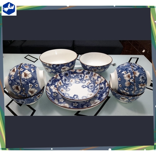 bộ bàn ăn 10 món - hoa văn 4d hoa xanh, hoa trắng đẹp - 4d105