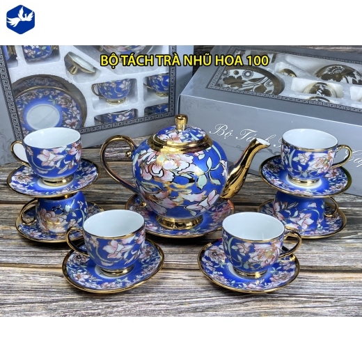 bộ tách trà nhủ vàng ánh kim hoa văn xanh đẹp độc đáo/ 100