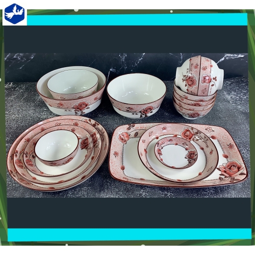 bộ bàn ăn 16 món - hoa văn 4d bông hồng đỏ đẹp - 4d109