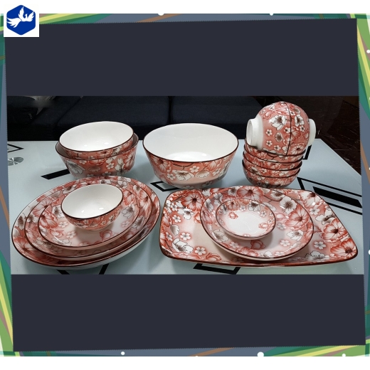 bộ bàn ăn 16 món - hoa văn 4d hoa đỏ, hoa trắng đẹp - 4d106
