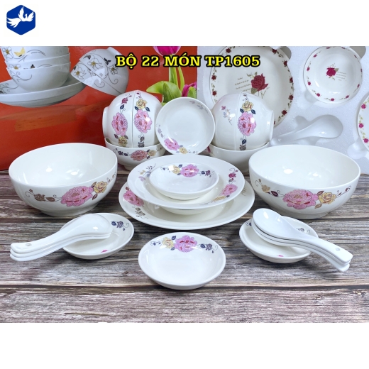 bộ bàn ăn 22 món - hoa văn hoa mẫu đơn hồng cách điệu độc lạ - TP1605