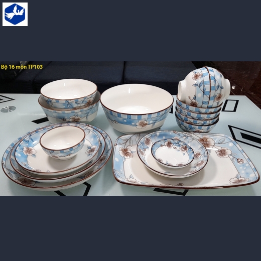 bộ bàn ăn 16 món - hoa văn 4d hoa trắng nền xanh viền miệng đẹp - 4d103