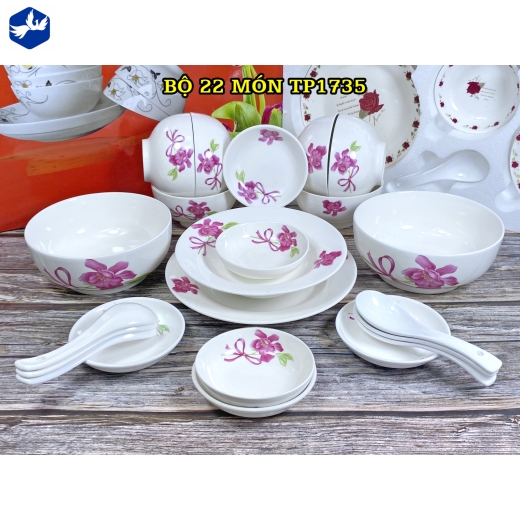 bộ bàn ăn 22 món - hoa văn hoa phong lan hồng đẹp - TP1735