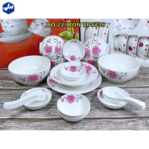 bộ bàn ăn 22 món - hoa văn hoa mẫu đơn hồng - TP1736
