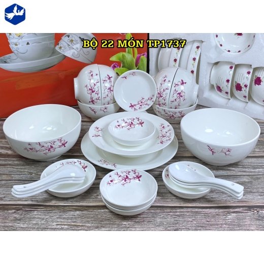 bộ bàn ăn 22 món - hoa văn nhánh hoa mai đẹp - TP1737