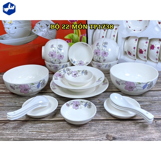bộ bàn ăn 22 món - hoa văn nhánh hoa cách điệu độc lạ - TP1738