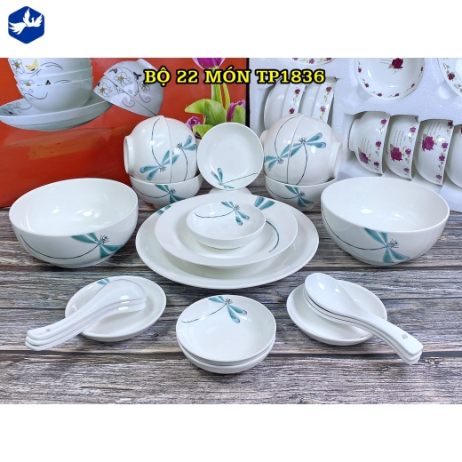 bộ bàn ăn 22 món - hoa văn con chuồn chuồn xanh lục lam đẹp - TP1836