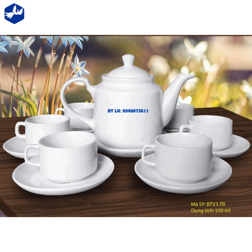 Bộ Ấm Trà kiểu dáng vuông men trắng cao cấp In Logo đẹp, bền