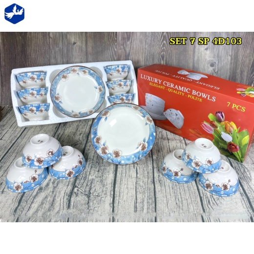 bộ bàn ăn 7 món - hoa văn 4d hoa trắng nền xanh viền miệng đẹp - 4d103 