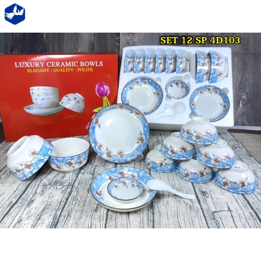 bộ bàn ăn 12 món - hoa văn 4d hoa trắng nền xanh viền miệng đẹp - 4d103