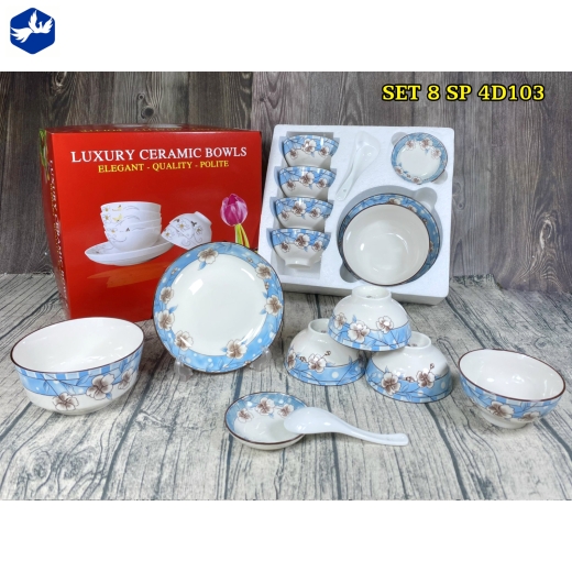 bộ bàn ăn 8 món - hoa văn 4d hoa trắng nền xanh viền miệng đẹp - 4d103