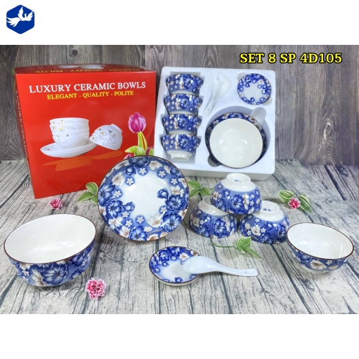 bộ bàn ăn 8 món - hoa văn 4d hoa xanh, hoa trắng đẹp - 4d105