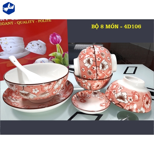 bộ bàn ăn 8 món - hoa văn 4d hoa đỏ, hoa trắng đẹp - 4d106