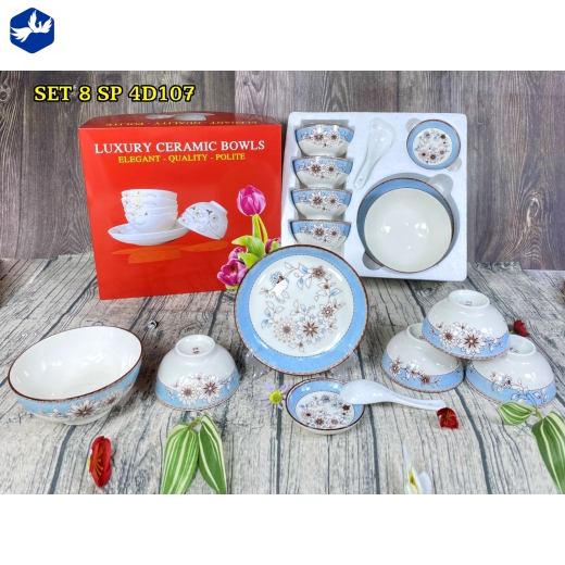 bộ bàn ăn 8 món - hoa văn 4d hoa nâu cách điệu độc lạ - 4d107