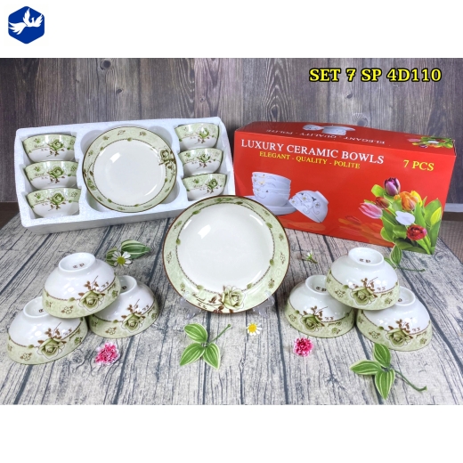 bộ bàn ăn 7 món - hoa văn 4d bông hồng xanh lục đẹp - 4d110