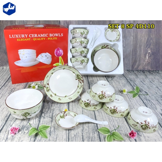 bộ bàn ăn 8 món - hoa văn 4d bông hồng xanh lục đẹp - 4d110