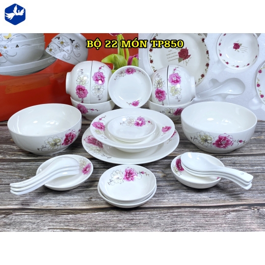 bộ bàn ăn 22 món - hoa văn hoa mẫu đơn đẹp - TP850