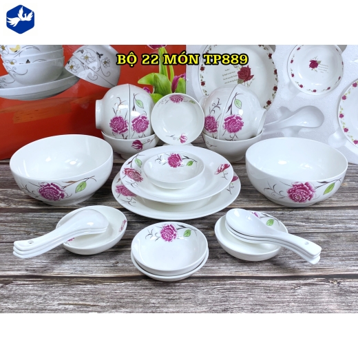 bộ bàn ăn 22 món - hoa văn hoa mẫu đơn hồng đẹp - TP889