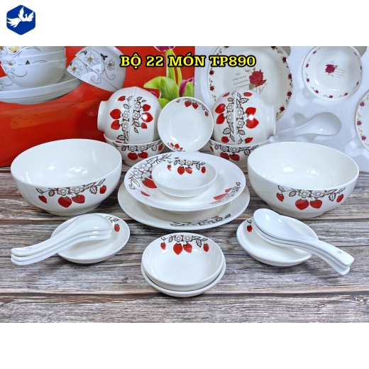 bộ bàn ăn 22 món - hoa văn quả dâu tây đỏ đẹp - TP890