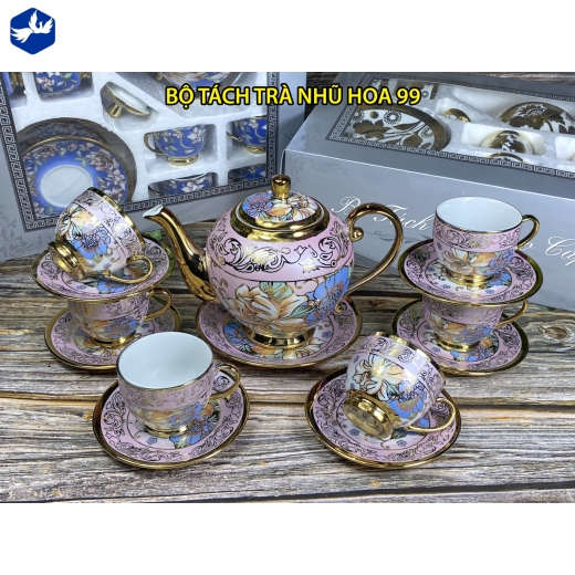 bộ tách trà nhủ vàng ánh kim hoa văn hồng đẹp / 99