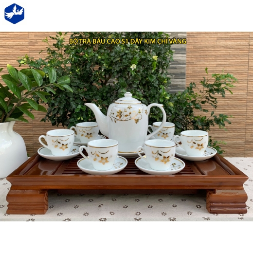 bộ tách trà bầu cao dây kim chỉ vàng