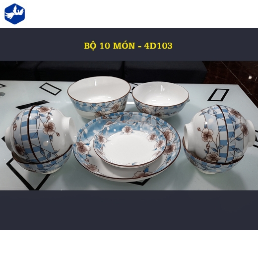 bộ bàn ăn 10 món - hoa văn 4d hoa trắng nền xanh viền miệng đẹp - 4d103