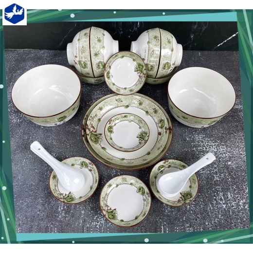 bộ bàn ăn 22 món - hoa văn 4d bông hồng xanh lục đẹp - 4d110