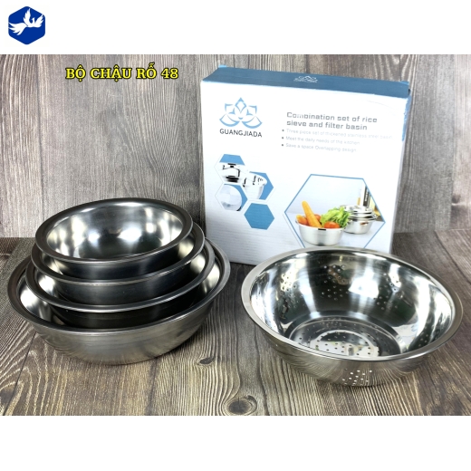BỘ CHẬU RỖ 48 - BỘ 4 CHẬU INOX  VÀ 1 CHẬU RỖ TIỆN LỢI KHI SỬ DỤNG