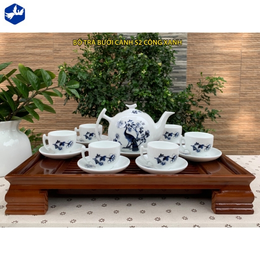 bộ tách trà kiểu dáng cành bưởi, hoa văn chim công xanh - S2_công xanh