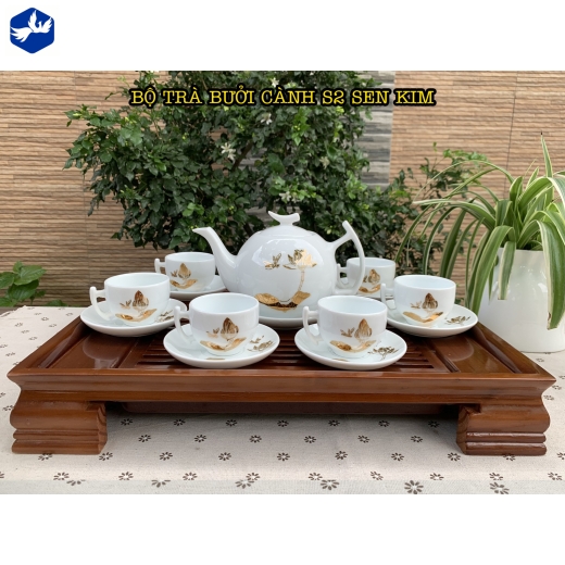 bộ tách trà kiểu dáng cành bưởi, hoa văn sen vàng ánh kim đẹp / S2_sen kim