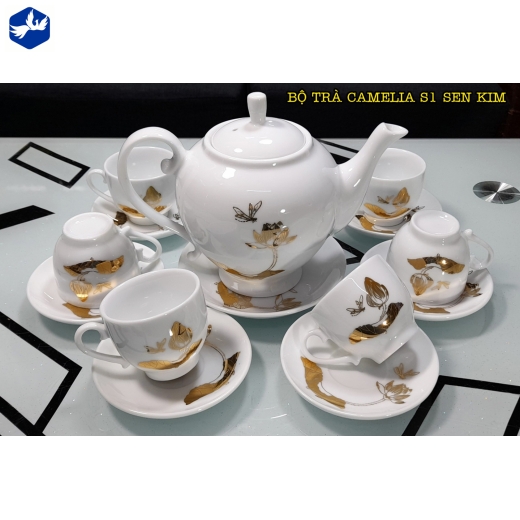 bộ tách trà camelia, hoa văn sen vàng ánh kim / S1_sen kim