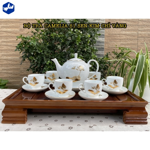 bộ tách trà camelia, hoa văn sen vàng ánh kim chỉ vàng / S1_sen kim chỉ vàng