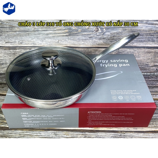 CHẢO 3 LỚP 316 TỔ ONG CHỐNG XƯỚT CÓ NẮP 28 CM