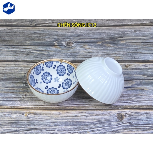 bát cơm vân nổi - hoa văn xanh cách điệu viền miệng đẹp - IC12