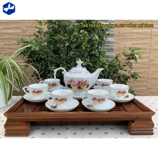 bộ tách trà đèn thần sen hồng chỉ vàng / S2