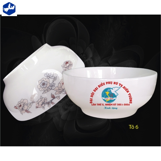 bộ tô chén đĩa men trắng in logo làm quà tặng