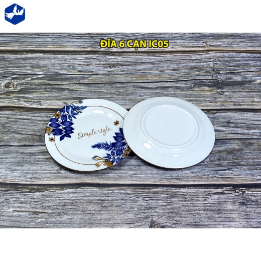 đĩa sứ cạn 6 inch - hoa văn hoa lá cành đẹp - IC05