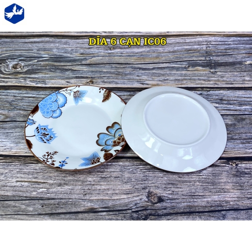 đĩa sứ cạn 6 inch - bông hoa xanh cách điệu đẹp - IC06