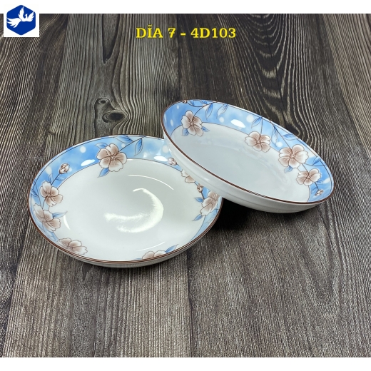 đĩa sứ 7 inch - hoa văn 4D hoa trắng nền xanh đẹp - 4D103