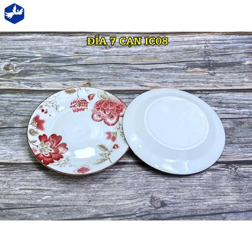 đĩa sứ cạn 7 inch - bông hoa đỏ cách điệu đẹp - IC08