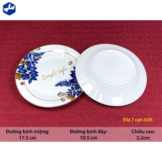 đĩa sứ cạn 7 inch - hoa văn hoa lá cành đẹp - IC05