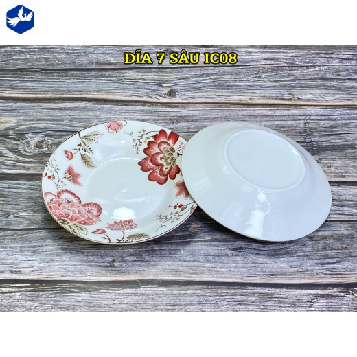 đĩa sứ sâu lòng 7 inch - bông hoa đỏ cách điệu đẹp - IC08