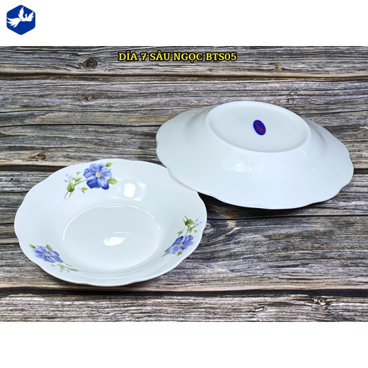 đĩa sứ sâu bèo 7 inch - bông hoa xanh - BTS05