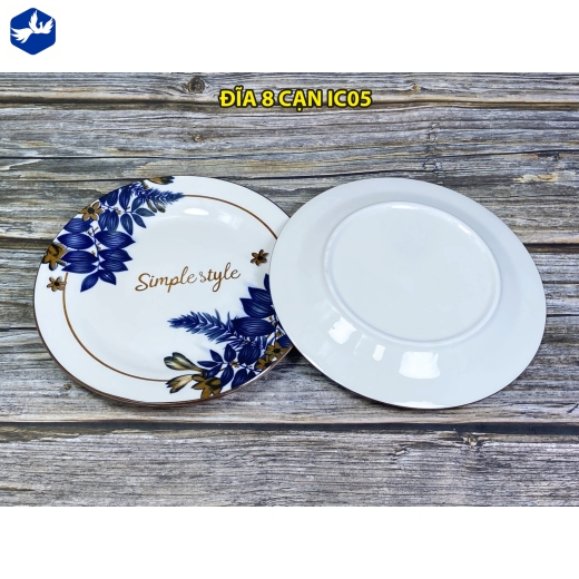 đĩa sứ cạn 8 inch - hoa văn hoa lá cành đẹp - IC05