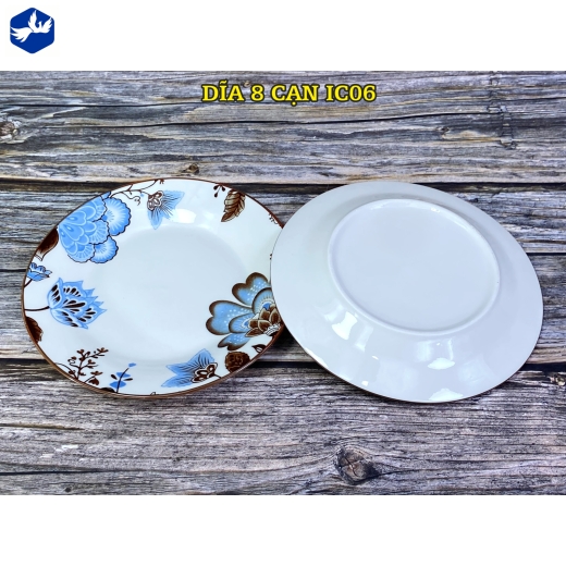 đĩa sứ cạn 8 inch - bông hoa xanh cách điệu đẹp - IC06