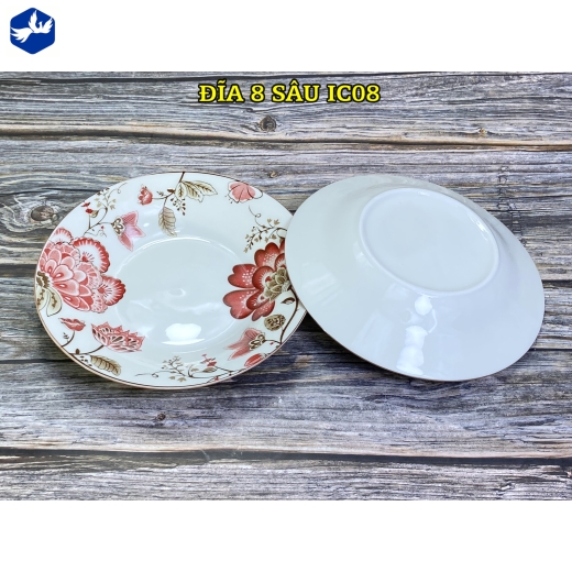 đĩa sứ sâu lòng 8 inch - bông hoa đỏ cách điệu đẹp - IC08