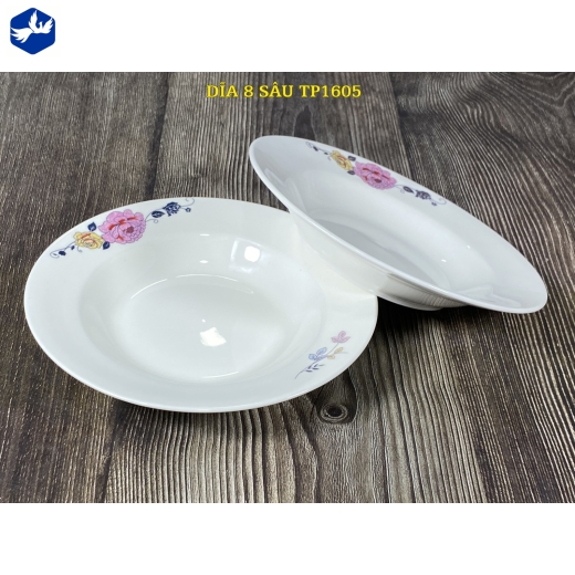 đĩa sứ sâu 8 inch - hoa mẫu đơn hồng cách điệu đẹp, lạ - TP1605