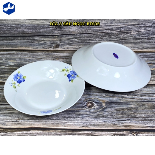 đĩa sứ sâu lòng 8 inch - bông hoa xanh - BTS05