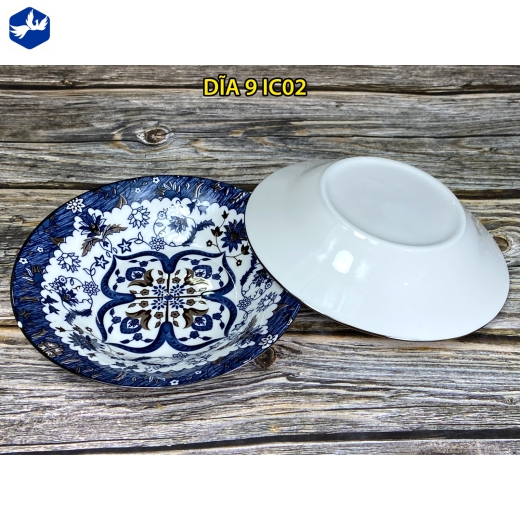 đĩa sứ sâu lòng 9 inch - hoa văn xanh cách điệu đồng tâm, đối xứng độc lạ - IC02