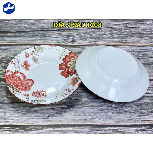 đĩa sứ sâu lòng 9 inch - bông hoa đỏ cách điệu đẹp - IC08